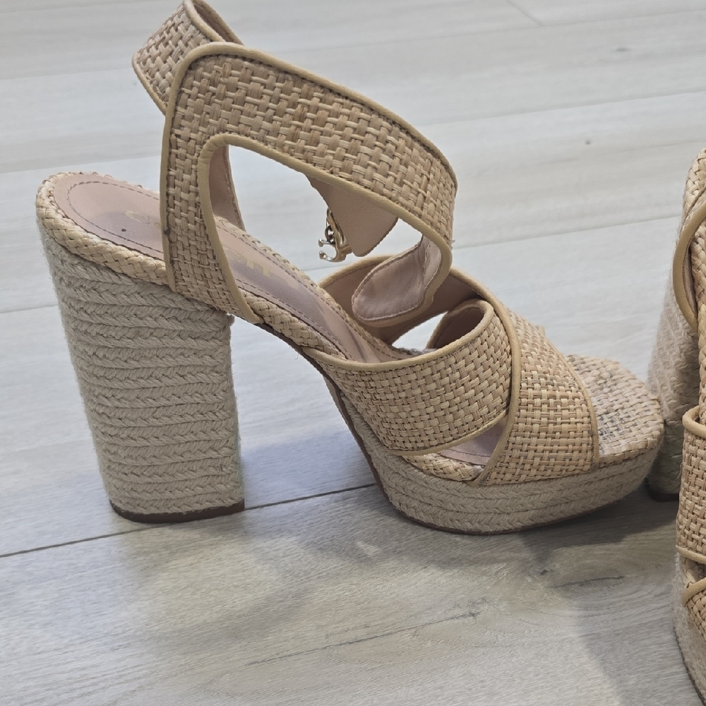 Coach Tan Woven Platform Slingback Sandals with Gold Buckle - Picture 3 of 4